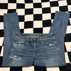 American Eagle Outfitters Women's LONG Distressed Blue Skinny Jeans